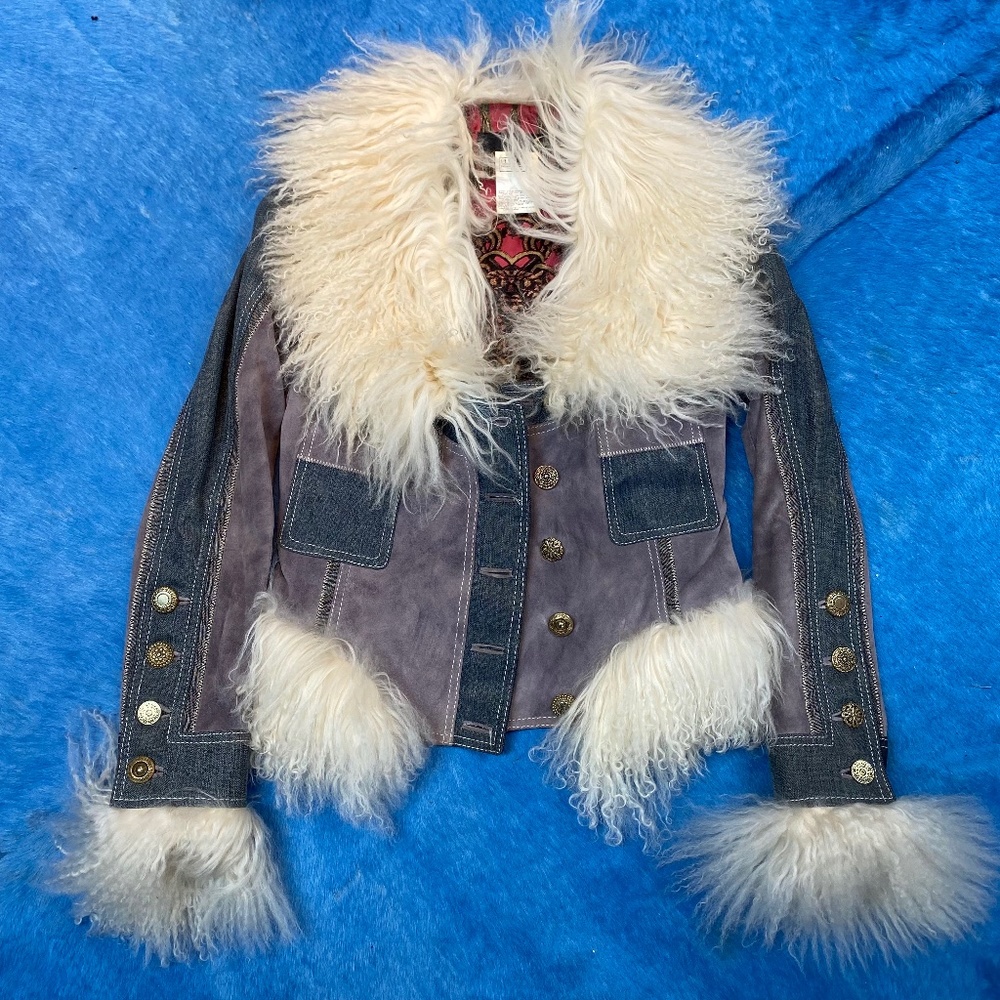 Stunning! Denim, suede and Mongolian hair jacket by Cavalli size 42. (US8)